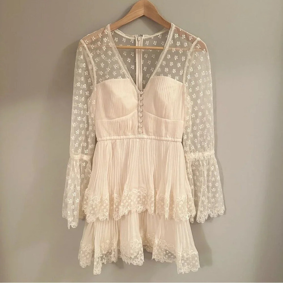 NEW Self-Portrait Chiffon Lace Tiered Mini Dress White Ivory | size UK 8 / US 4 - Picture 8 of 16
